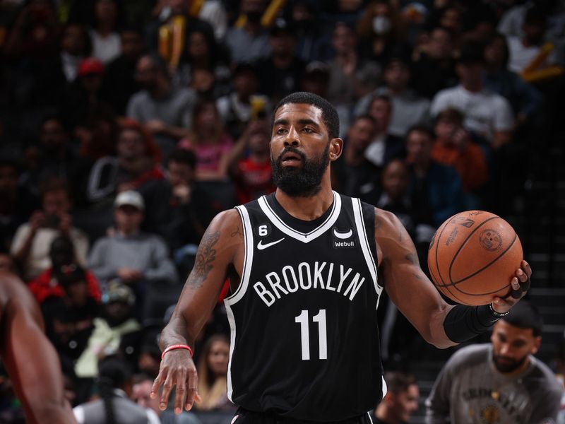 BROOKLYN, NY - NOVEMBER 1: Kyrie Irving #11 of the Brooklyn Nets dribbles the ball during the game against the Chicago Bulls on November 1, 2022 at Barclays Center in Brooklyn, New York. NOTE TO USER: User expressly acknowledges and agrees that, by downloading and or using this Photograph, user is consenting to the terms and conditions of the Getty Images License Agreement. Mandatory Copyright Notice: Copyright 2022 NBAE (Photo by Nathaniel S. Butler/NBAE via Getty Images)