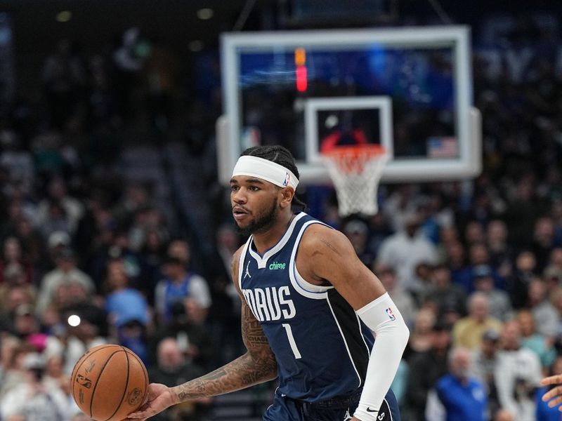 DALLAS, TX - JANUARY 27: Jaden Hardy #1 of the Dallas Mavericks handles the ball during the game  on January 27, 2024 at the American Airlines Center in Dallas, Texas. NOTE TO USER: User expressly acknowledges and agrees that, by downloading and or using this photograph, User is consenting to the terms and conditions of the Getty Images License Agreement. Mandatory Copyright Notice: Copyright 2024 NBAE (Photo by Glenn James/NBAE via Getty Images)