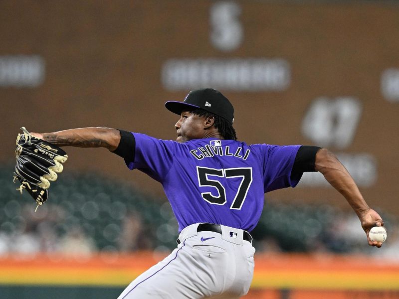 Sep 11, 2024; Detroit, Michigan, USA; Colorado Rockies pitcher Angel Chivilli (57) throws a pitch against the Detroit Tigers in the sixth inning at Comerica Park. Mandatory Credit: Lon Horwedel-Imagn Images