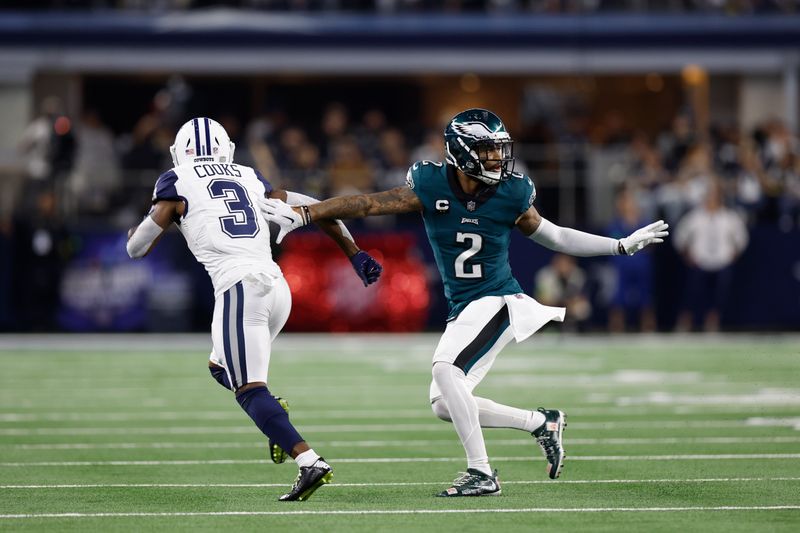 Philadelphia Eagles defensive back Darius Slay (2) defends against Brandin Cooks (3) during an NFL football game against the Dallas Cowboys, Sunday, Dec. 10, 2023, in Arlington, Texas. (AP Photo/Matt Patterson)