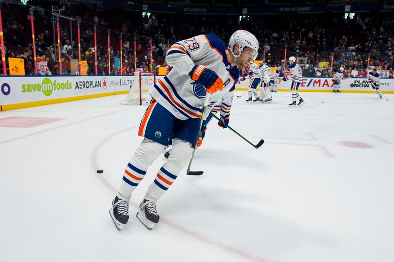 Nov 6, 2023; Vancouver, British Columbia, CAN; Edmonton Oilers forward Leon Draisaitl (29) skates during warm up prior to a game against the Vancouver Canucks at Rogers Arena. Mandatory Credit: Bob Frid-USA TODAY Sports