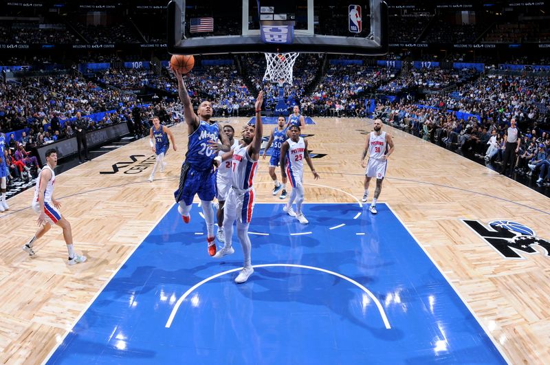 ORLANDO, FL - MARCH 3: Markelle Fultz #20 of the Orlando Magic drives to the basket during the game against the Detroit Pistons on March 3, 2024 at the Kia Center in Orlando, Florida. NOTE TO USER: User expressly acknowledges and agrees that, by downloading and or using this photograph, User is consenting to the terms and conditions of the Getty Images License Agreement. Mandatory Copyright Notice: Copyright 2024 NBAE (Photo by Fernando Medina/NBAE via Getty Images)