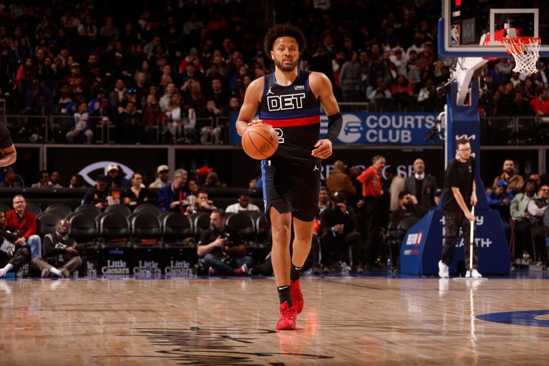 DETROIT, MI - MARCH 1: Cade Cunningham #2 of the Detroit Pistons dribbles the ball during the game against the Cleveland Cavaliers on March 1, 2024 at Little Caesars Arena in Detroit, Michigan. NOTE TO USER: User expressly acknowledges and agrees that, by downloading and/or using this photograph, User is consenting to the terms and conditions of the Getty Images License Agreement. Mandatory Copyright Notice: Copyright 2024 NBAE (Photo by Brian Sevald/NBAE via Getty Images)