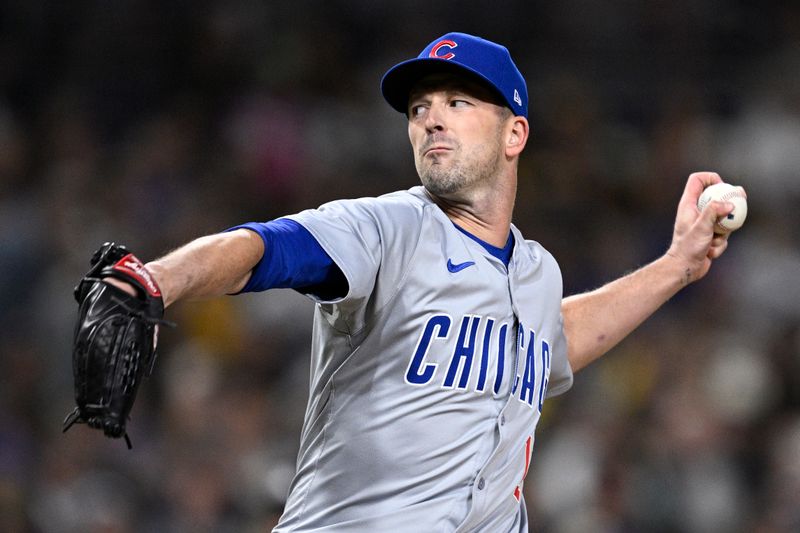 Apr 9, 2024; San Diego, California, USA; Chicago Cubs relief pitcher Drew Smyly (11) throws a pitch against the San Diego Padres during the fifth inning at Petco Park. Mandatory Credit: Orlando Ramirez-USA TODAY Sports