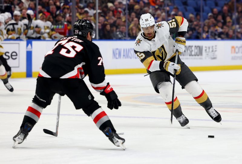 Mar 2, 2024; Buffalo, New York, USA;  Buffalo Sabres defenseman Connor Clifton (75) defends as Vegas Golden Knights right wing Keegan Kolesar (55) makes a pass during the first period at KeyBank Center. Mandatory Credit: Timothy T. Ludwig-USA TODAY Sports