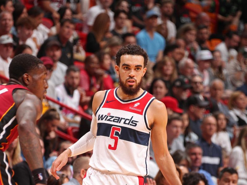 MIAMI, FL - MARCH 10: Tyus Jones #5 of the Washington Wizards looks on during the game against the Miami Heat on March 10, 2024 at Kaseya Center in Miami, Florida. NOTE TO USER: User expressly acknowledges and agrees that, by downloading and or using this Photograph, user is consenting to the terms and conditions of the Getty Images License Agreement. Mandatory Copyright Notice: Copyright 2024 NBAE (Photo by Issac Baldizon/NBAE via Getty Images)