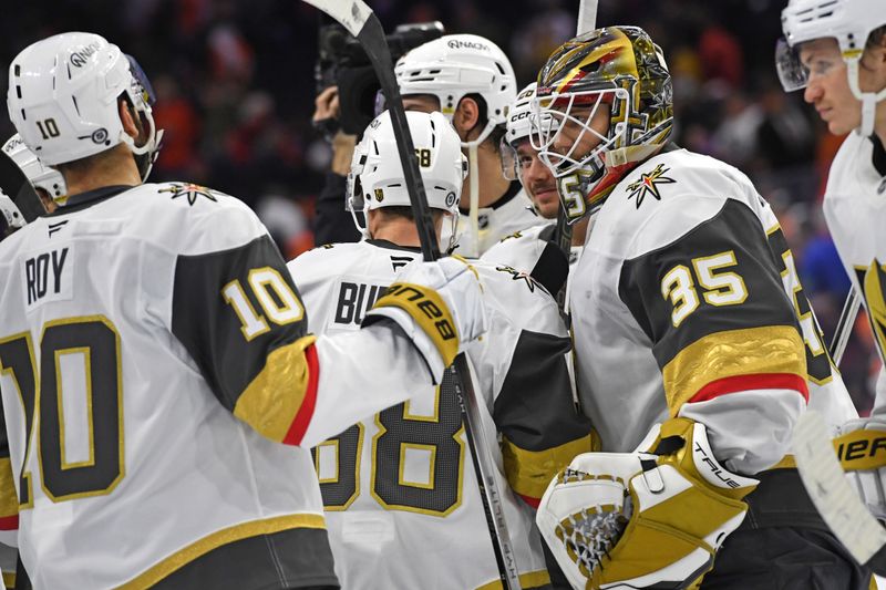 Nov 25, 2024; Philadelphia, Pennsylvania, USA; Vegas Golden Knights goaltender Ilya Samsonov (35) and teammates celebrate win against the Philadelphia Flyers at Wells Fargo Center. Mandatory Credit: Eric Hartline-Imagn Images