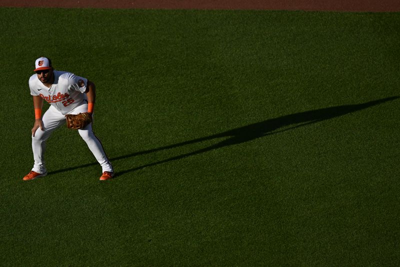 May 13, 2024; Baltimore, Maryland, USA;  Baltimore Orioles right fielder Anthony Santander (25) looks towards home plate during  a Toronto Blue Jays first inning at-bat at Oriole Park at Camden Yards. Mandatory Credit: Tommy Gilligan-USA TODAY Sports