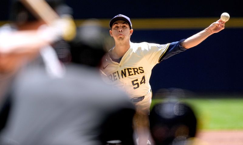 May 15, 2024; Milwaukee, Wisconsin, USA; Milwaukee Brewers pitcher Robert Gasser (54) pitches during the first inning of their game against the Pittsburgh Pirates at American Family Field. Mandatory Credit: Mark Hoffman-USA TODAY Sports