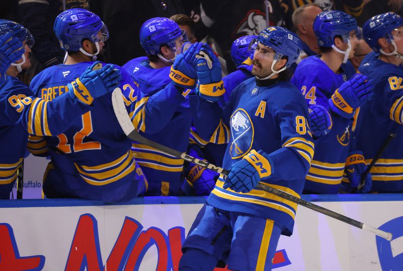 Nov 14, 2024; Buffalo, New York, USA;  Buffalo Sabres right wing Alex Tuch (89) celebrates his goal with teammates during the third period against the St. Louis Blues at KeyBank Center. Mandatory Credit: Timothy T. Ludwig-Imagn Images