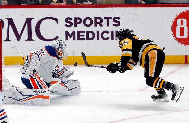 Mar 10, 2024; Pittsburgh, Pennsylvania, USA;  Edmonton Oilers goaltender Calvin Pickard (30) makes a save against Pittsburgh Penguins center Noel Acciari (55) during the third period at PPG Paints Arena. The Oilers won 4-0. Mandatory Credit: Charles LeClaire-USA TODAY Sports