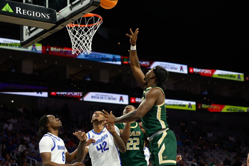 Mar 16, 2025; Fort Worth, TX, USA;  UAB Blazers guard Alejandro Vasquez (10) scores a basket against the Memphis Tigers during the first half at Dickies Arena. Mandatory Credit: Chris Jones-Imagn Images