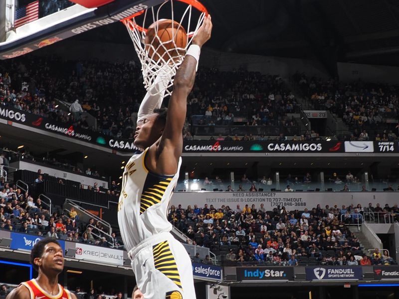 INDIANAPOLIS, IN - FEBRUARY 1: Bennedict Mathurin #00 of the Indiana Pacers dunks the ball during the game against the Atlanta Hawks on February 1, 2025 at Gainbridge Fieldhouse in Indianapolis, Indiana. NOTE TO USER: User expressly acknowledges and agrees that, by downloading and or using this Photograph, user is consenting to the terms and conditions of the Getty Images License Agreement. Mandatory Copyright Notice: Copyright 2025 NBAE (Photo by Ron Hoskins/NBAE via Getty Images)