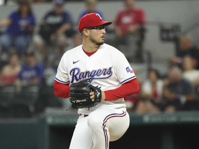 Jun 28, 2023; Arlington, Texas, USA;  Texas Rangers starting pitcher Dane Dunning (33) throws during the first inning against the Detroit Tigers at Globe Life Field. Mandatory Credit: Kevin Jairaj-USA TODAY Sports