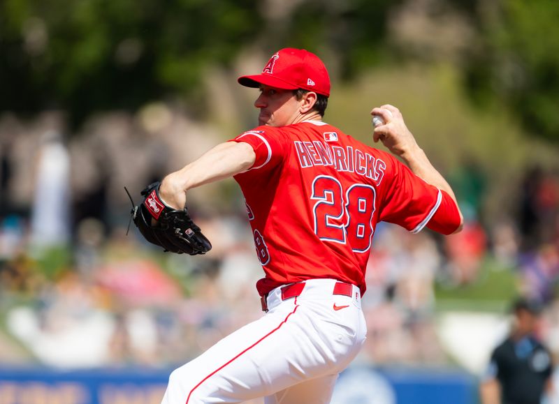 Mar 16, 2025; Tempe, Arizona, USA; Los Angeles Angels pitcher Kyle Hendricks against the San Diego Padres during a spring training game at Tempe Diablo Stadium. Mandatory Credit: Mark J. Rebilas-Imagn Images