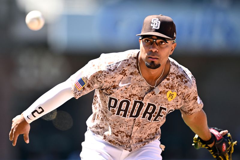 Apr 28, 2024; San Diego, California, USA; San Diego Padres second baseman Xander Bogaerts (2) looks at a ball throw to him during the middle of the sixth inning against the Philadelphia Phillies at Petco Park. Mandatory Credit: Orlando Ramirez-USA TODAY Sports