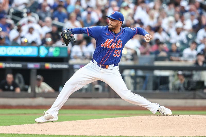 Jun 26, 2024; New York City, New York, USA;  New York Mets starting pitcher Sean Manaea (59) pitches in the first inning against the New York Yankees at Citi Field. Mandatory Credit: Wendell Cruz-USA TODAY Sports