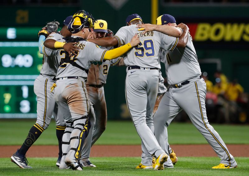 Sep 5, 2023; Pittsburgh, Pennsylvania, USA; The Milwaukee Brewers dance to celebrate after defeating the Pittsburgh Pirates at PNC Park. The Brewers won 7-3. Mandatory Credit: Charles LeClaire-USA TODAY Sports