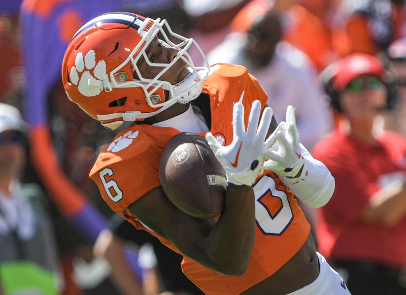 Sep 23, 2023; Clemson, South Carolina, USA; Clemson Tigers receiver Tyler Brown (6) catches a pass against the Florida State Seminoles during the first quarter at Memorial Stadium. Mandatory Credit: Ken Ruinard-USA TODAY Sports