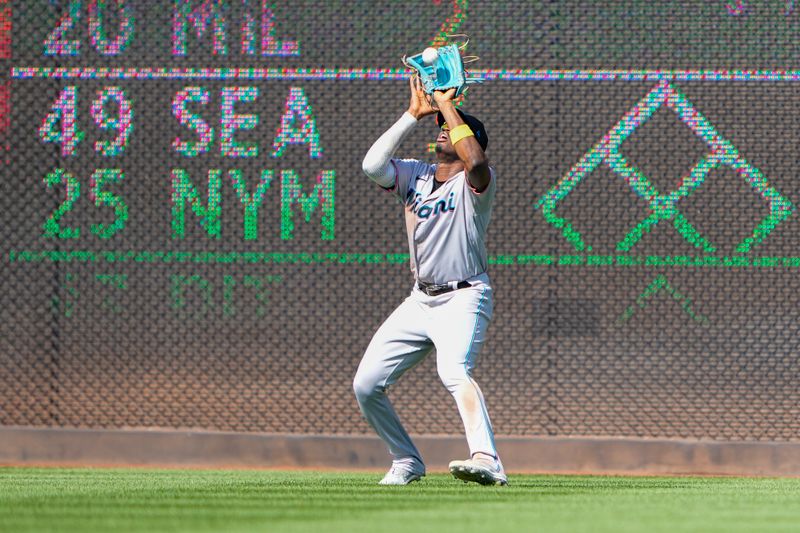 Sep 3, 2023; Washington, District of Columbia, USA;  Miami Marlins right fielder Jesus Sanchez (7) catches a fly ball hit by Washington Nationals right fielder Lane Thomas (not pictured) during the seventh inning at Nationals Park. Mandatory Credit: Gregory Fisher-USA TODAY Sports