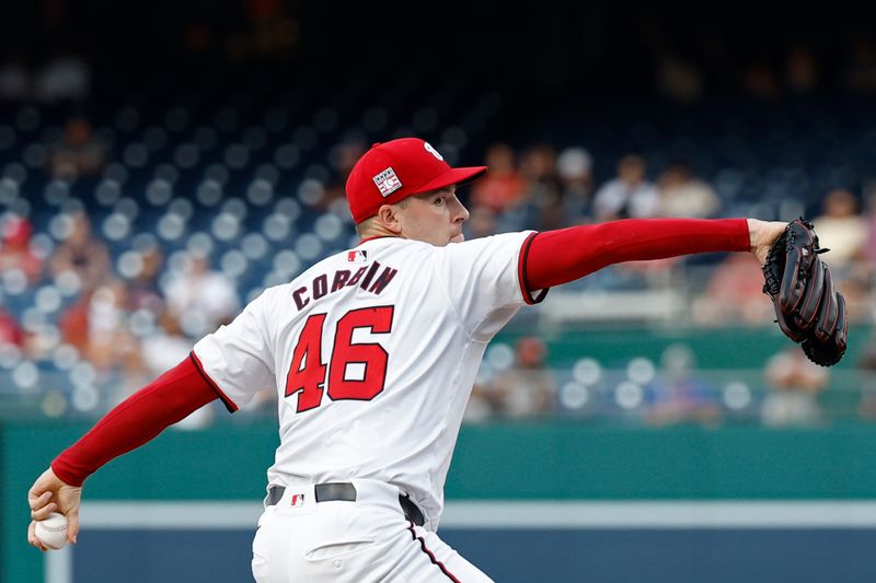 Jul 19, 2024; Washington, District of Columbia, USA; Washington Nationals starting pitcher Patrick Corbin (46) pitches against the Cincinnati Reds during the first inning at Nationals Park. Mandatory Credit: Geoff Burke-USA TODAY Sports