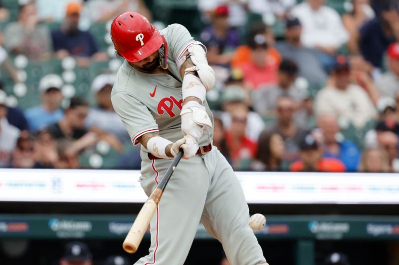 Jun 26, 2024; Detroit, Michigan, USA;  Philadelphia Philly right fielder Nick Castellanos (8) hits a single against the Detroit Tigers in the fifth inning at Comerica Park. Mandatory Credit: Rick Osentoski-USA TODAY Sports