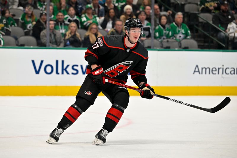 Jan 25, 2023; Dallas, Texas, USA; Carolina Hurricanes right wing Andrei Svechnikov (37) skates against the Dallas Stars during the first period at the American Airlines Center. Mandatory Credit: Jerome Miron-USA TODAY Sports