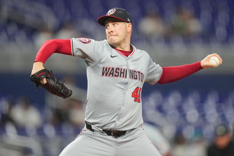 Sep 3, 2024; Miami, Florida, USA;  Washington Nationals pitcher Patrick Corbin (46) pitches against the Miami Marlins in the first inning at loanDepot Park. Mandatory Credit: Jim Rassol-Imagn Images.