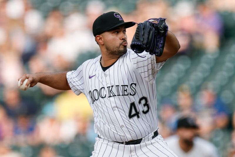 Aug 5, 2025; Denver, Colorado, USA; Colorado Rockies starting pitcher Anthony Molina (43) pitches in the first inning against the Toronto Blue Jays at Coors Field. Mandatory Credit: Isaiah J. Downing-Imagn Images
