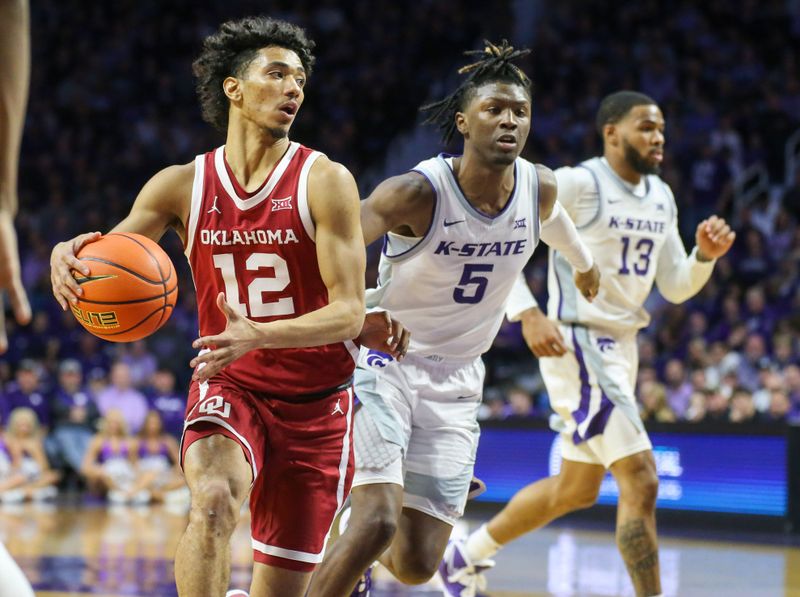 Mar 1, 2023; Manhattan, Kansas, USA; Kansas State Wildcats guard Anthony Thomas (12) dribbles by Kansas State Wildcats guard Cam Carter (5) during the second half at Bramlage Coliseum. Mandatory Credit: Scott Sewell-USA TODAY Sports