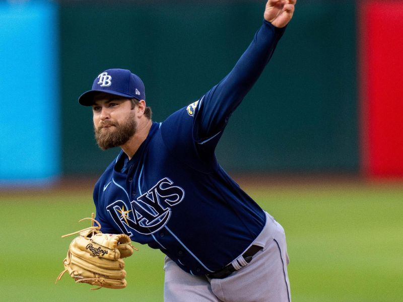 Jun 13, 2023; Oakland, California, USA; Tampa Bay Rays relief pitcher Jalen Beeks (68) delivers a pitch against the Oakland Athletics during the first inning at Oakland-Alameda County Coliseum. Mandatory Credit: Neville E. Guard-USA TODAY Sports