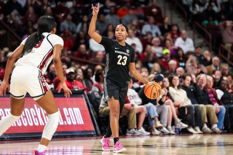 Jan 28, 2024; Columbia, South Carolina, USA; Vanderbilt Commodores guard Iyana Moore (23) brings the ball up against the South Carolina Gamecocks in the second half at Colonial Life Arena. Mandatory Credit: Jeff Blake-USA TODAY Sports