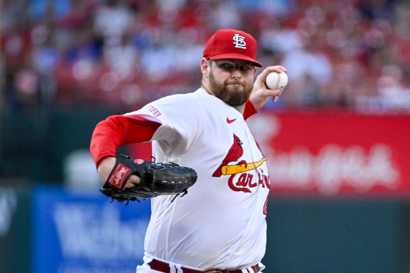 Jul 28, 2023; St. Louis, Missouri, USA;  St. Louis Cardinals starting pitcher Jordan Montgomery (47) pitches against the Chicago Cubs during the first inning at Busch Stadium. Mandatory Credit: Jeff Curry-USA TODAY Sports