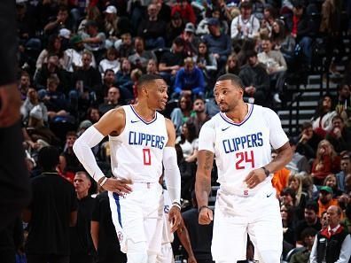 SALT LAKE CITY, UT - DECEMBER 8: Russell Westbrook #0 talks to Norman Powell #24 of the LA Clippers during the game against the Utah Jazz on December 8, 2023 at vivint.SmartHome Arena in Salt Lake City, Utah. NOTE TO USER: User expressly acknowledges and agrees that, by downloading and or using this Photograph, User is consenting to the terms and conditions of the Getty Images License Agreement. Mandatory Copyright Notice: Copyright 2023 NBAE (Photo by Melissa Majchrzak/NBAE via Getty Images)