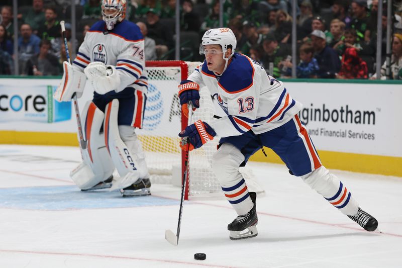 Oct 19, 2024; Dallas, Texas, USA; Edmonton Oilers center Mattias Janmark (13) controls the puck against the Dallas Stars in the third period at American Airlines Center. Mandatory Credit: Tim Heitman-Imagn Images