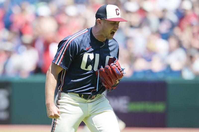 May 19, 2024; Cleveland, Ohio, USA; Cleveland Guardians starting pitcher Tanner Bibee (28) reacts after a double play during the fourth inning against the Minnesota Twins at Progressive Field. Mandatory Credit: Ken Blaze-USA TODAY Sports