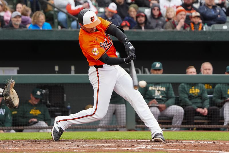 Apr 27, 2024; Baltimore, Maryland, USA; Baltimore Orioles third baseman Jordan Westburg (11) hits an RBI single against the Oakland Athletics during the fourth inning at Oriole Park at Camden Yards. Mandatory Credit: Gregory Fisher-USA TODAY Sports