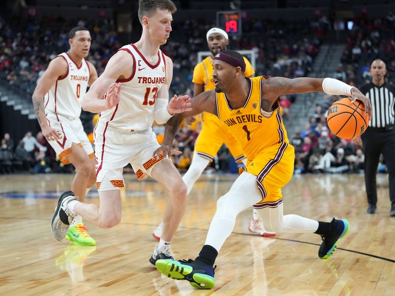 Mar 9, 2023; Las Vegas, NV, USA; Arizona State Sun Devils guard Luther Muhammad (1) dribbles against USC Trojans guard Drew Peterson (13) during the first half at T-Mobile Arena. Mandatory Credit: Stephen R. Sylvanie-USA TODAY Sports