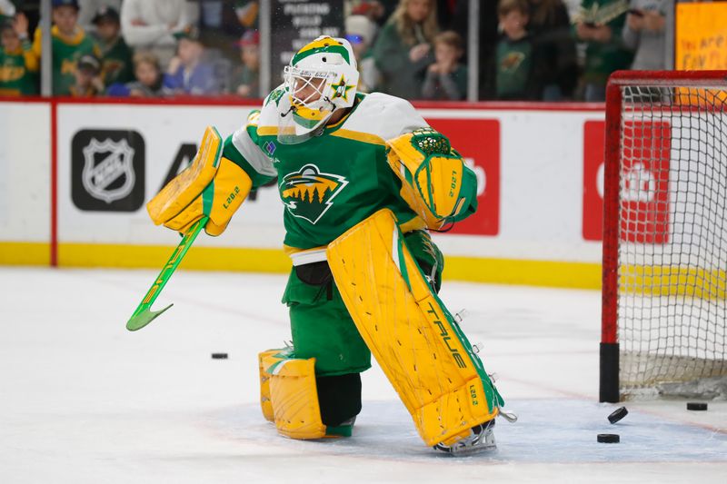 Apr 6, 2024; Saint Paul, Minnesota, USA; Minnesota Wild goaltender Marc-Andre Fleury (29) warms up before a game against the Winnipeg Jets at Xcel Energy Center. Mandatory Credit: Bruce Fedyck-USA TODAY Sports