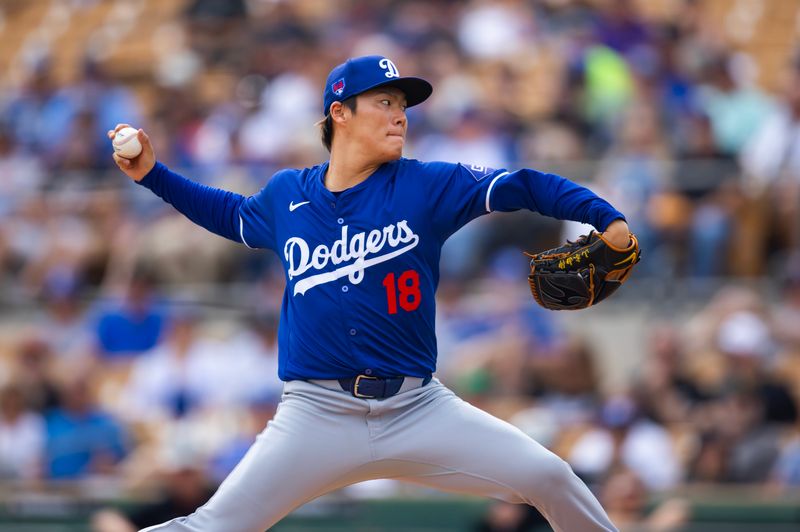 Mar 6, 2024; Phoenix, Arizona, USA; Los Angeles Dodgers pitcher Yoshinobu Yamamoto against the Chicago White Sox during a spring training baseball game at Camelback Ranch-Glendale. Mandatory Credit: Mark J. Rebilas-USA TODAY Sports