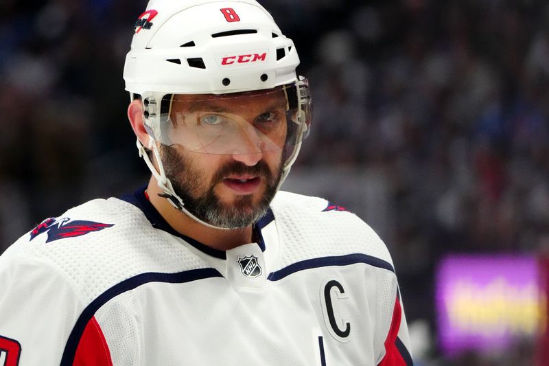 Jan 24, 2023; Denver, Colorado, USA; Washington Capitals left wing Alex Ovechkin (8) during the first period against the Colorado Avalanche at Ball Arena. Mandatory Credit: Ron Chenoy-USA TODAY Sports