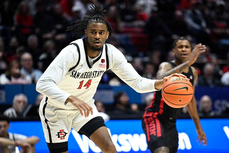 Jan 6, 2024; San Diego, California, USA; San Diego State Aztecs guard Reese Waters (14) dribbles the ball during the second half against the UNLV Rebels at Viejas Arena. Mandatory Credit: Orlando Ramirez-USA TODAY Sports