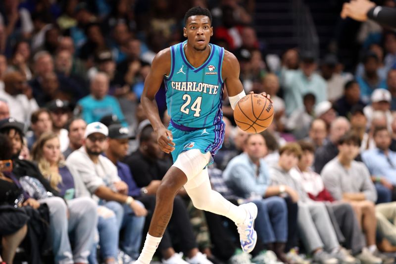 CHARLOTTE, NORTH CAROLINA - OCTOBER 25: Brandon Miller #24 of the Charlotte Hornets brings the ball down the court during the second half of a basketball game against the Atlanta Hawks at Spectrum Center on October 25, 2023 in Charlotte, North Carolina. NOTE TO USER: User expressly acknowledges and agrees that, by downloading and or using this photograph, User is consenting to the terms and conditions of the Getty Images License Agreement. (Photo by David Jensen/Getty Images)