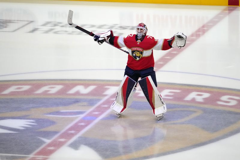 May 24, 2023; Sunrise, Florida, USA; Florida Panthers goaltender Sergei Bobrovsky (72) takes the ice prior to game four of the Eastern Conference Finals of the 2023 Stanley Cup Playoffs against the Carolina Hurricanes at FLA Live Arena. Mandatory Credit: Jasen Vinlove-USA TODAY Sports