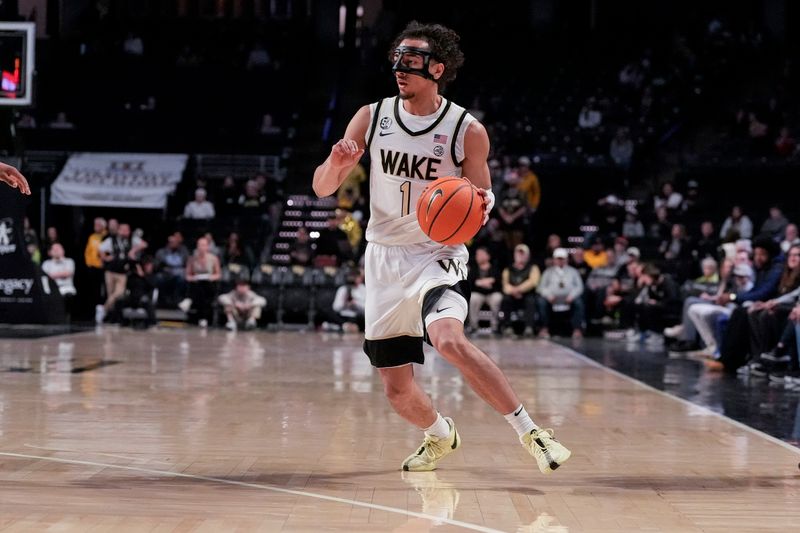 Dec 14, 2025; Winston-Salem, North Carolina, USA;  Wake Forest Demon Deacons guard Nate Calmese (1) sets the play against the Queens University Royals during the first half at Lawrence Joel Veterans Memorial Coliseum. Mandatory Credit: Jim Dedmon-Imagn Images