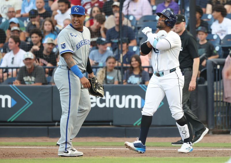Apr 29, 2025; St. Petersburg, Florida, USA;  Tampa Bay Rays first baseman Yandy Diaz (2) celebrates after hitting a single against the Kansas City Royals during the first inning at George M. Steinbrenner Field. Mandatory Credit: Kim Klement Neitzel-Imagn Images