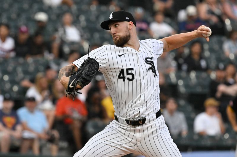 Jul 12, 2024; Chicago, Illinois, USA;  Chicago White Sox pitcher Garrett Crochet (45) delivers against the Pittsburgh Pirates during the first inning  at Guaranteed Rate Field. Mandatory Credit: Matt Marton-USA TODAY Sports