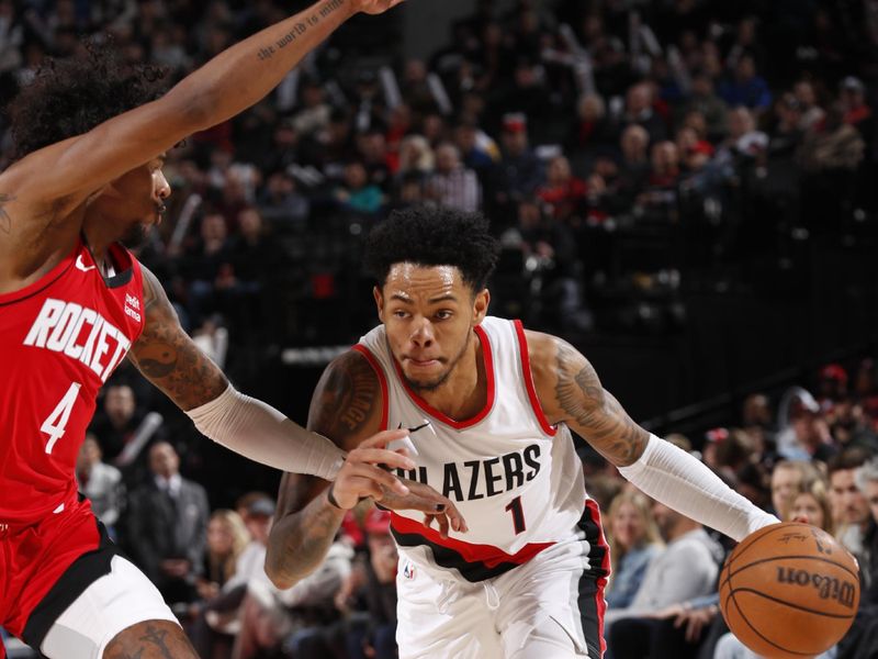 PORTLAND, OR - MARCH 8: Anfernee Simons #1 of the Portland Trail Blazers goes to the basket during the game  on March 8, 2024 at the Moda Center Arena in Portland, Oregon. NOTE TO USER: User expressly acknowledges and agrees that, by downloading and or using this photograph, user is consenting to the terms and conditions of the Getty Images License Agreement. Mandatory Copyright Notice: Copyright 2024 NBAE (Photo by Cameron Browne/NBAE via Getty Images)