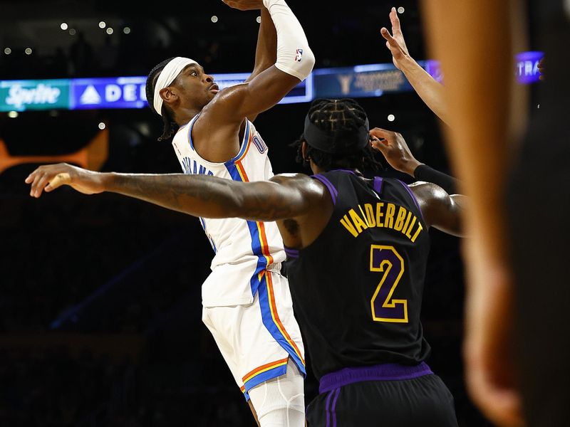 LOS ANGELES, CALIFORNIA - JANUARY 15: Shai Gilgeous-Alexander #2 of the Oklahoma City Thunder takes a shot against the Los Angeles Lakers in the second half at Crypto.com Arena on January 15, 2024 in Los Angeles, California.  NOTE TO USER: User expressly acknowledges and agrees that, by downloading and/or using this photograph, user is consenting to the terms and conditions of the Getty Images License Agreement.  (Photo by Ronald Martinez/Getty Images)