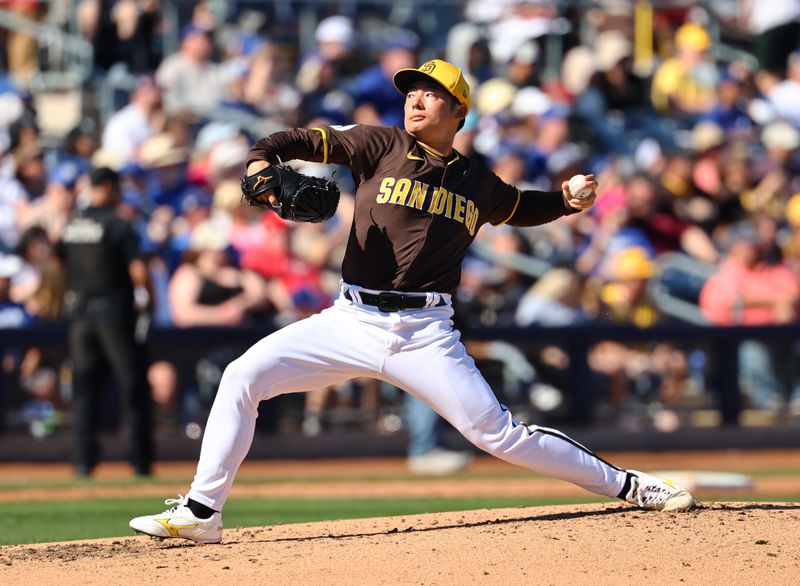 Feb 22, 2024; Peoria, Arizona, USA; San Diego Padres pitcher Yuki Matsui against the Los Angeles Dodgers during a spring training game at Peoria Sports Complex. Mandatory Credit: Mark J. Rebilas-USA TODAY Sports